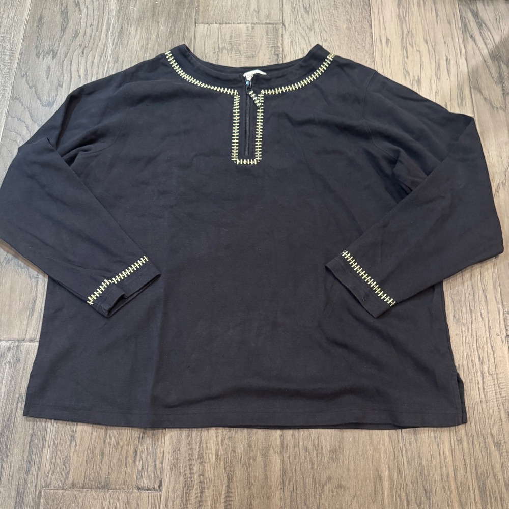 Bechamel II Black Long Sleeve Top 1X Gold Embroidered Half Zip Pullover